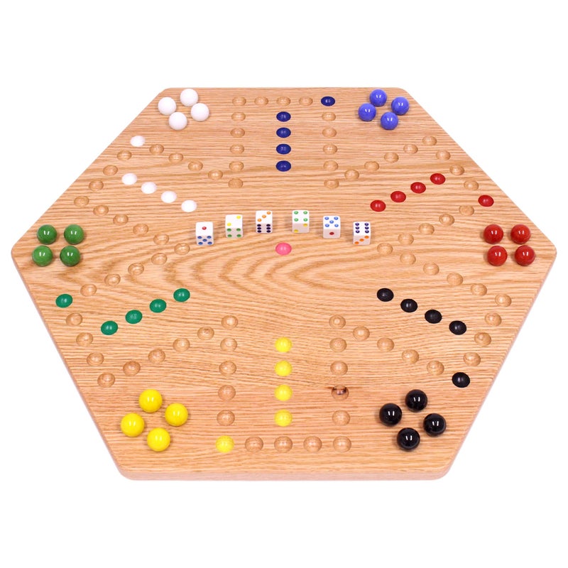 AmishToyBox.com Wahoo Marble Game Board Set - 20" Wide - Solid Oak Wood - Double-Sided - with Large 18mm Marbles and Dice Included - Image 5